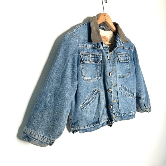 Gap | Vintage Leather Collar Sherpa Lined Crop Trucker Jean Jacket Size Medium - Picture 2 of 11